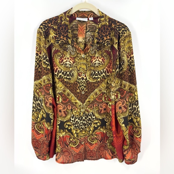 Susan Graver Women Button Up Blouse Top Size 14 Paisley Animal Print Long Sleeve - Picture 1 of 8